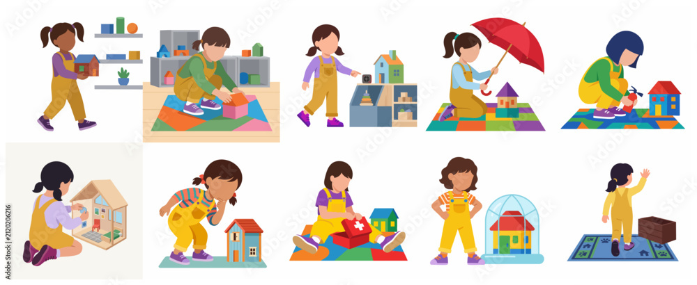 Fototapeta premium Set of flat vector illustrations of little girls playing with toy houses and dollhouses, showcasing imagination, creativity, and childhood home concepts.
