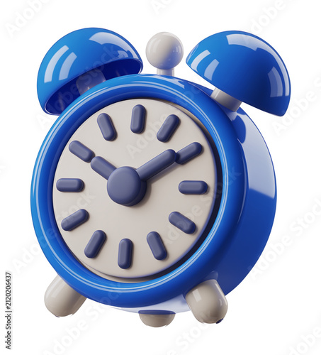 3D Blue Alarm Clock Icon with Classic Bells for Time Reminder and Schedule Concept