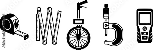 Set of five black minimalist icons representing various measuring tools: tape measure, folding ruler, surveyor wheel, micrometer, and laser distance meter on a white background.
