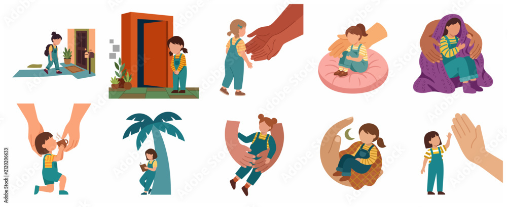 Fototapeta premium Set of parenting and child protection illustrations featuring a little girl being nurtured and cared for by adult hands.