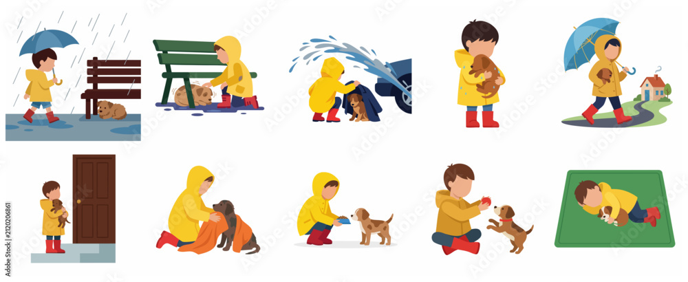 Fototapeta premium Set of illustrations showing a kind boy rescuing and caring for a stray dog on a rainy day
