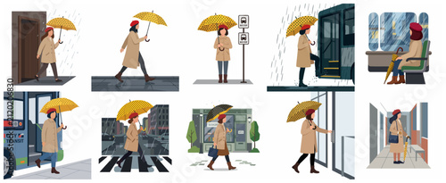 Fotografie Set of illustrations featuring a stylish woman with a yellow polka dot umbrella and red beret commuting, walking, and waiting for the bus in a rainy city landscape