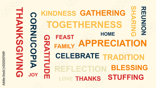 Word cloud concept for holiday banner and card printing and social media marketing, including Thanksgiving and gratitude.