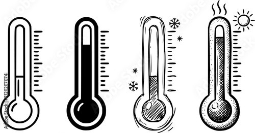 Set of four thermometer icons in various styles including outline, solid, and hand-drawn sketches. Ideal for weather, medical, and temperature-related design projects