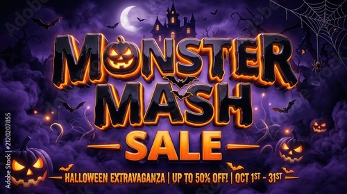 Halloween monster mash sale banner with glowing jack o lanterns with showcases vibrant Halloween promotional banner featuring bold castle silhouette under crescent moon