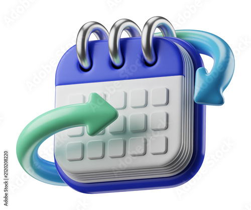 3D Calendar Icon with Circular Sync Arrows for Scheduling and Time Management Concept