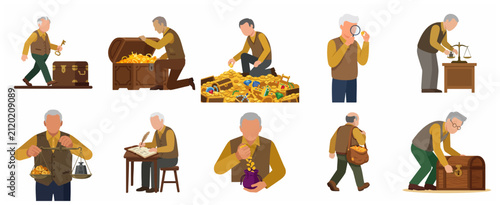 Obraz na płótnie Miserly elderly man character set with gold coins and treasure chests