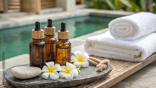 Spa wellness setting with essential oils and flowers