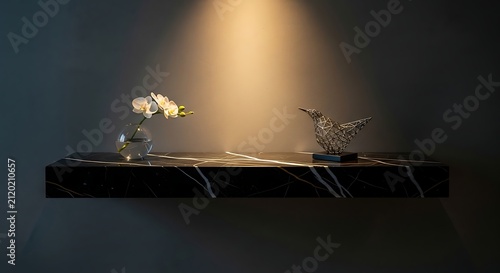 Elegant dark marble floating shelf illuminated by a spotlight, featuring a delicate white orchid in a vase and a metallic bird sculpture.