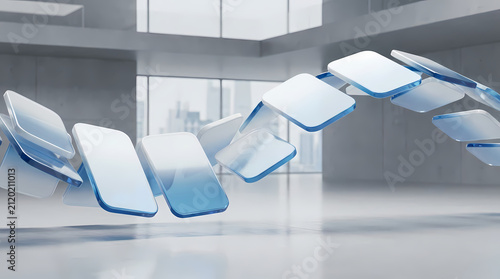 A chain of translucent blue and white square tiles forms a curved path in a modern minimalist interior