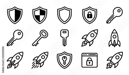 Cyber Security and Tech Startup Icon Set Featuring Protection Shields Access Keys Rocket Ships and Secure Web Browser Window Line Art Symbols