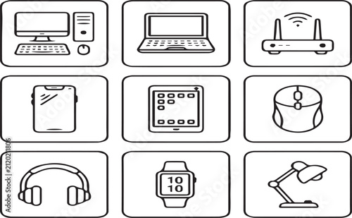 Computer and Electronic Technology Line Icon Set