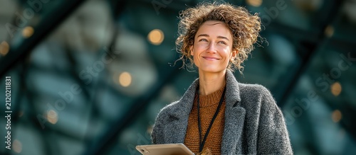 A woman with curly hair looks upward smiling, holding a tablet outside a modern glass building