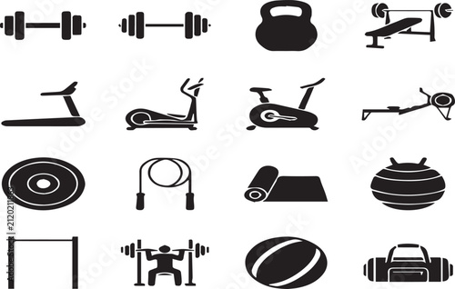 Gym and Fitness Equipment Icon Set - Black Vector Silhouettes of Workout Gear