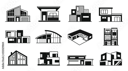 Minimalist contemporary architectural building and home icons.