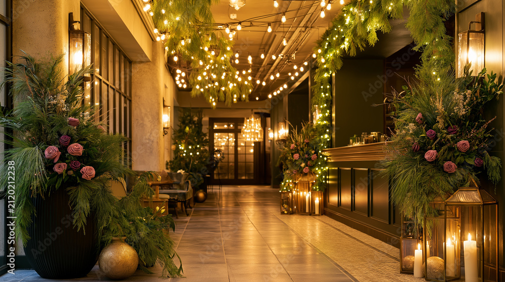 Fototapeta premium Luxury Holiday Hotel Corridor with Evergreen Garlands, Rose Arrangements, and Warm Festive String Lights