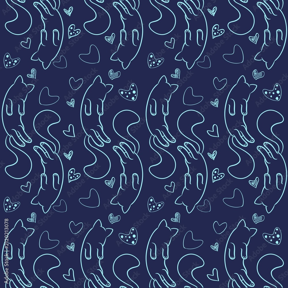 Fototapeta premium Cute Sleeping Blue Cats Seamless Pattern with Hearts. Hand Drawn Cute Cat Seamless Pattern on Black Background.