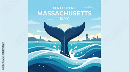 Modern flat vector design, minimalist National Massachusetts Day text, and a whale tail emerging from ocean waves