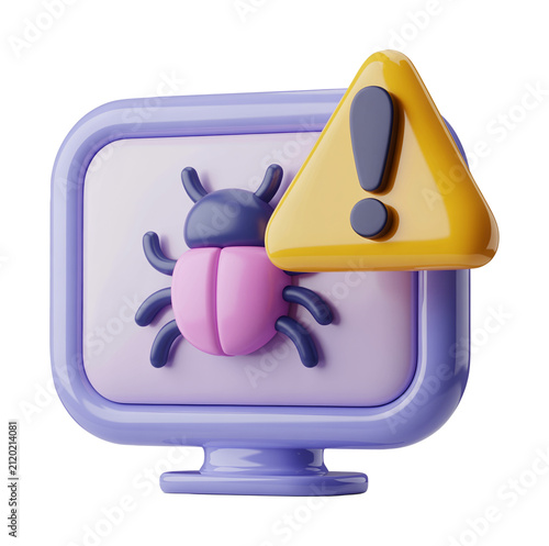 3D Computer Monitor with Bug Warning Icon for Cyber Security Threat Detection