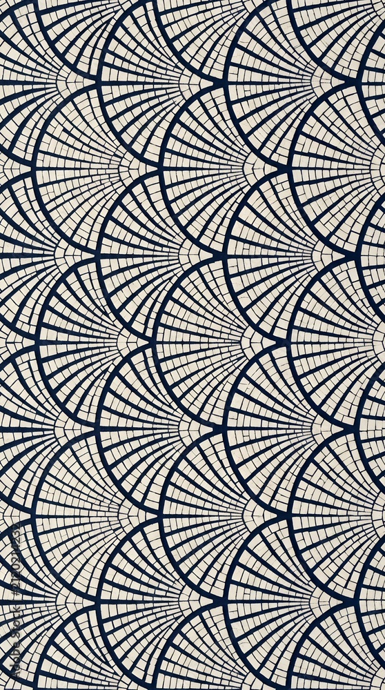 Art Deco Geometric Fan Seamless Pattern Background with Japanese Navy Blue and Cream Mosaic Shells