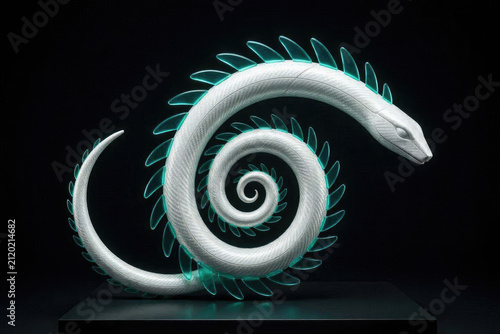 Minimalist 3D parametric Quetzalcoatl sculpture with levitating glass fins.