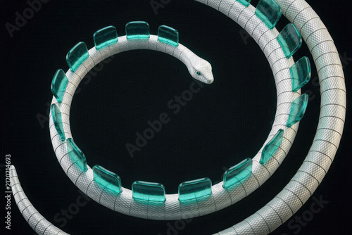 Minimalist 3D parametric Quetzalcoatl sculpture with levitating glass fins.