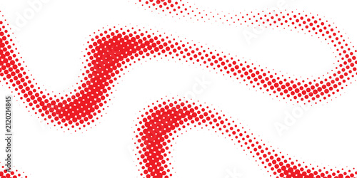 Abstract background with red halftone dot wave pattern on white background.