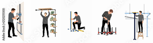 Flat illustrations of a man performing DIY home improvement tasks including pipe fitting, shelf assembly, measuring, and plumbing work in various scenarios.
