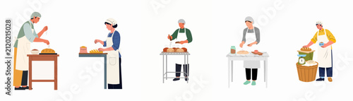 Foto Set of diverse professional bakers in aprons and hairnets preparing, kneading, and seasoning various types of fresh bread on tables, isolated on white