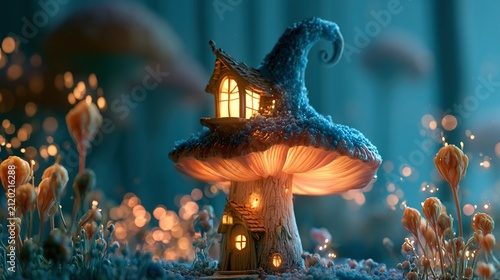 Crooked wizard's tower built into giant glowing mushroom, surrounded by forest of bioluminescent flora situated under twilight night canopy