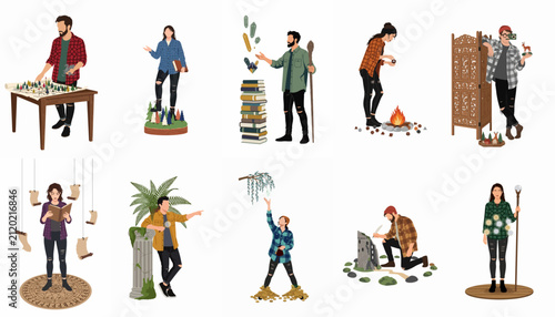 Принти на полотні A diverse collection of flat-style illustrations featuring people engaged in fantasy role-playing game activities, world-building, and tabletop gaming hobbies