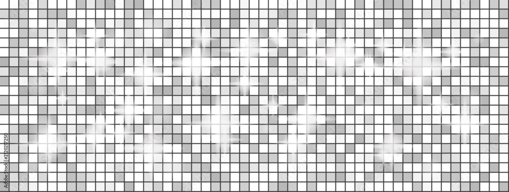 Obraz premium Disco ball with Christmas gradient background and silver sequin on party wallpaper for shimmer light card. White mosaic grid, glam glitter, disco ball shine. Vector pattern template in luxury 90s vibe