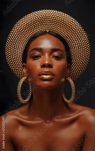 Closeup Portrait of Woman with Golden Halo Headpiece and Earrings
