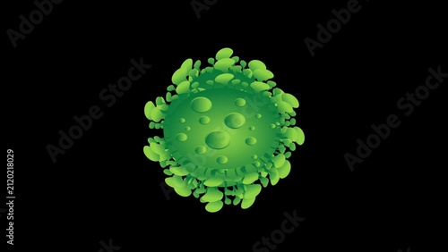 Pulsating green virus cell animation isolated on black background. 