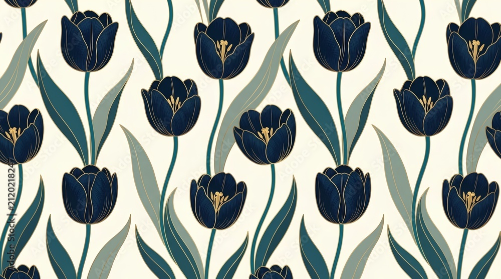 Seamless Tulip Pattern Navy Blue Gold Art Deco Floral Fabric Luxury Botanical Wallpaper Background
