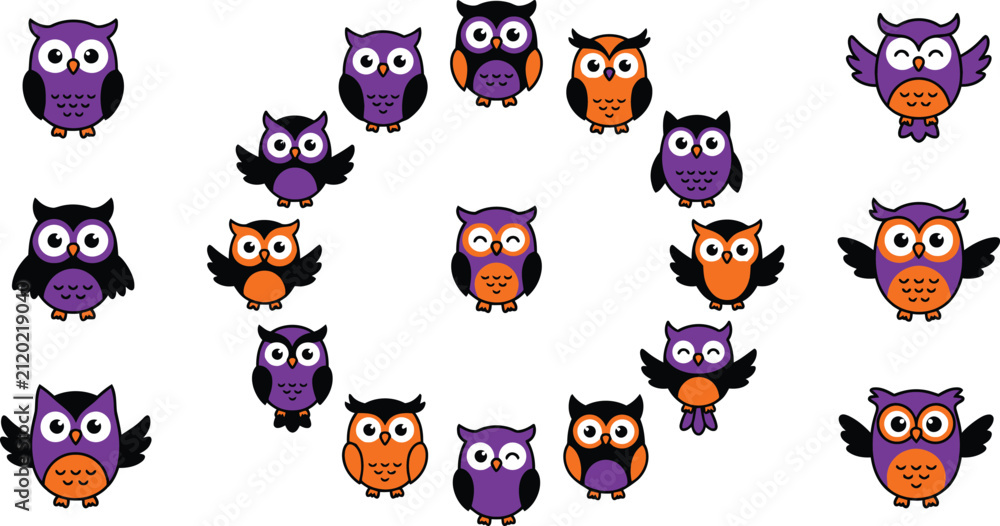 Fototapeta premium A collection of cute cartoon owls in purple and orange colors for a fun halloween party design element