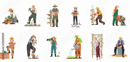 Foto Collection of diverse people engaged in organic gardening and farming activities like harvesting, planting, and watering fresh vegetables in an outdoor setting