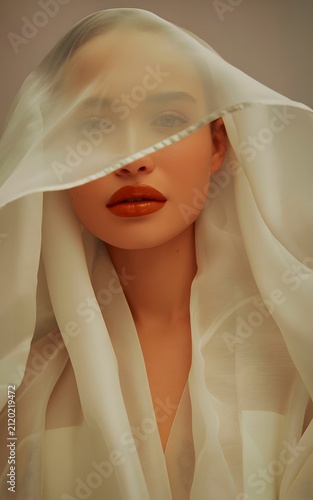 Closeup Portrait of Woman with Red Lips Behind Sheer Fabric