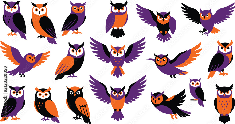 Fototapeta premium Set of cute cartoon owls in purple and orange colors for festive halloween party design elements