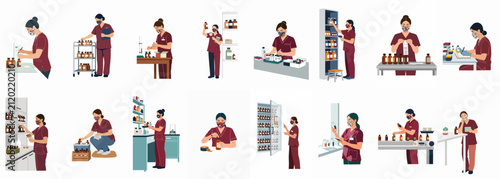 Flat vector illustrations of female pharmacists and lab technicians performing various tasks like organizing medicine bottles, labeling, and dispensing in a pharmacy setting.