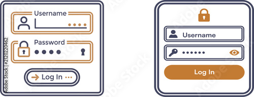 Modern login form UI elements, secure user authentication interface vector, website sign in page with username and password fields Ediable path.