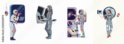 Cuadro en lienzo Set of four illustrations showing astronauts performing various tasks and duties inside a spacecraft or space station during a space mission