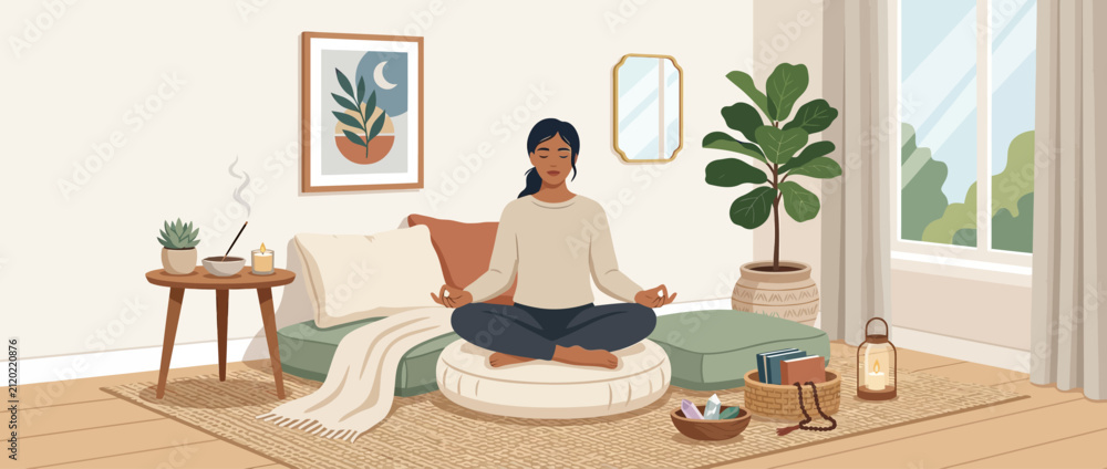 Fototapeta premium Woman Meditating Indoors in Calm Cozy Living Room.