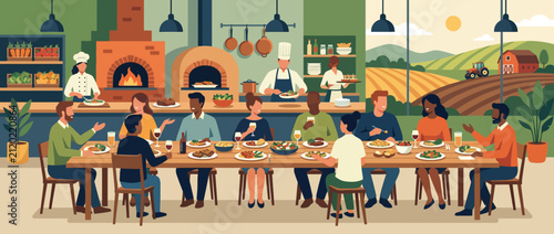 Diverse group of people enjoying a communal dinner in a rustic restaurant kitchen.