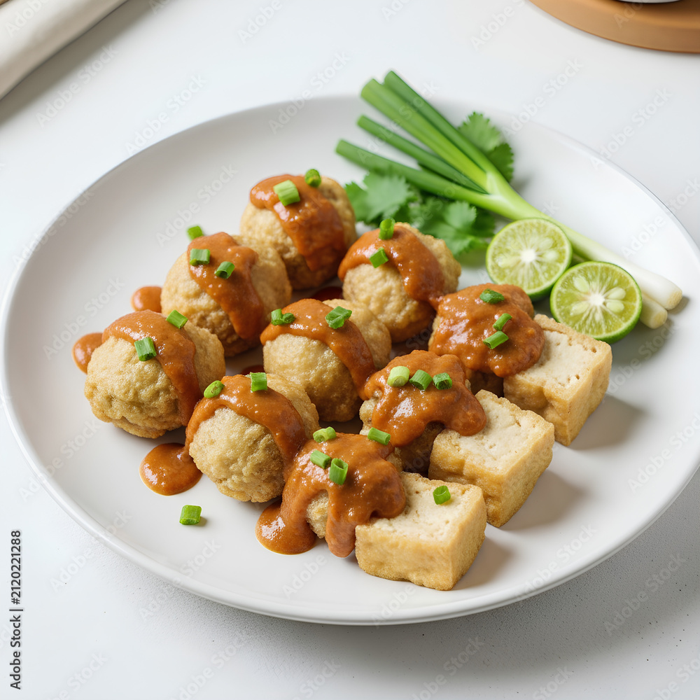 Fototapeta premium Delicious Thai Chicken Satay with Peanut Sauce and Fresh Garnishes.