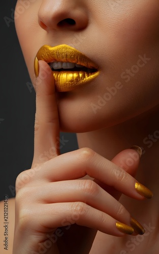 Closeup Portrait of Woman with Gold Lipstick and Fingernail in Silence Gesture