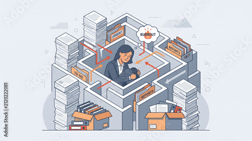 Overwhelmed businesswoman navigating a complex maze of documents and data, seeking order amidst chaos