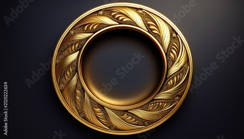 gold circular medallion detailed polished gold ring encircles a smooth golden center