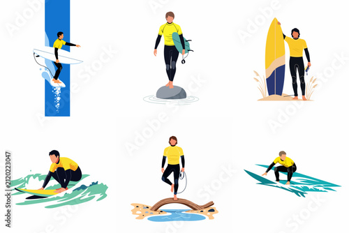 Canvas Print Set of six flat illustrations depicting male surfers in yellow and black wetsuits, performing various surfing and balancing poses