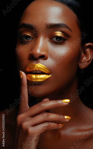 Closeup Portrait of Dark‑Skinned Person with Metallic Gold Makeup and Nails